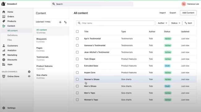 Écran d'administration de contenu Shopify