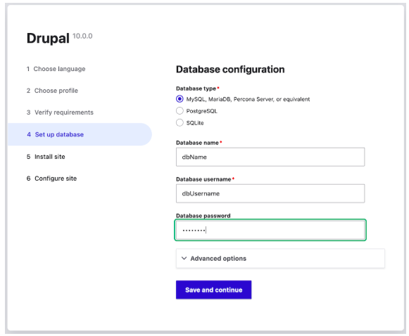 Formulaire de configuration de la base de données Drupal